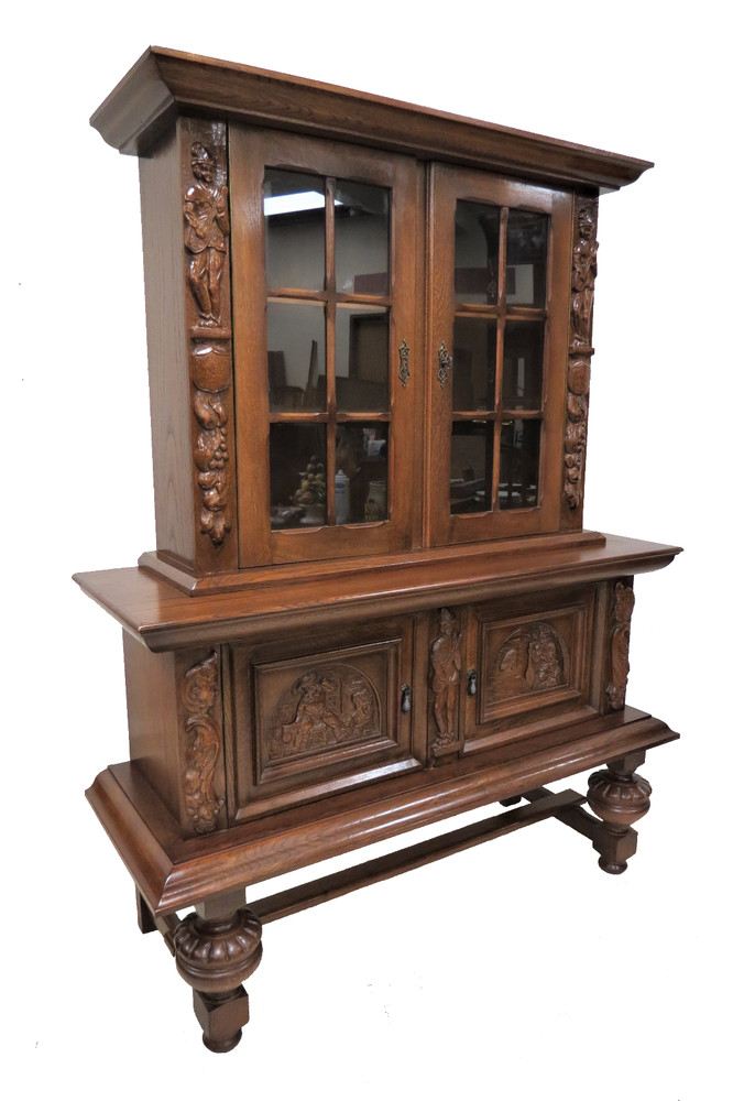 Vintage French China Cabinet – Carved Bruegel Style With Acorn Feet – Two Pieces