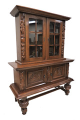Vintage French China Cabinet – Carved Bruegel Style With Acorn Feet – Two Pieces