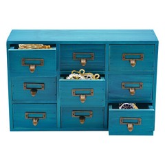 Desk Drawer Organizer Wooden Rustic Cabinet with 9 Drawers Blue