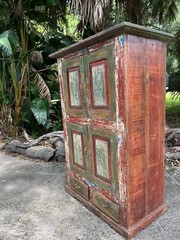 Handmade Rustic Antique Armoire Storage Cabinet Distressed Green Red Finish 70