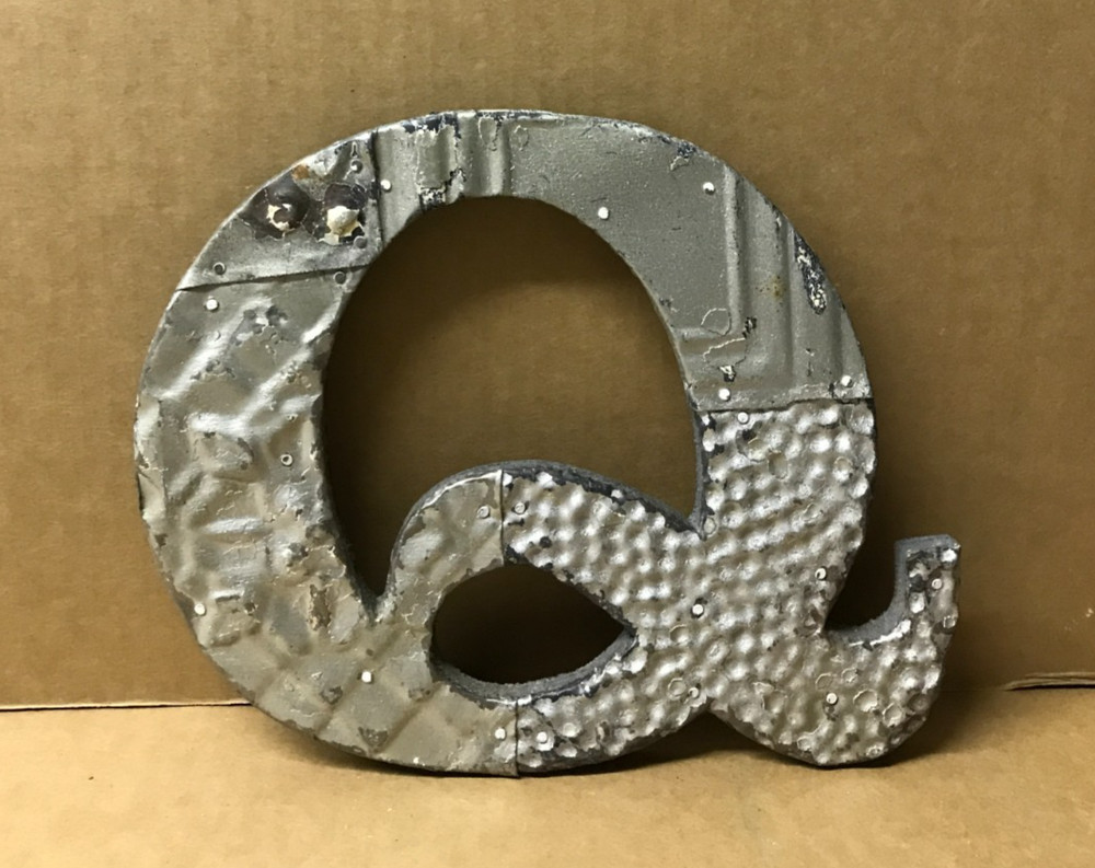 Decorative Salvaged Tin Ceiling 8″ Patchwork Shabby Silver Letter Q Old 201-26B
