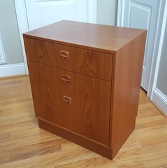 Vintage Teak Cabinet Made in Denmark Three Drawers Sculpted Pulls Lovely Design!