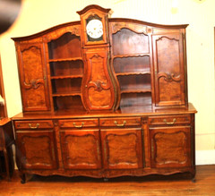 French Antique Burled Walnut Louis XV Buffet Cabinet With Grand Father Clock