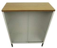 Vintage White Metal Cabinet with Sliding Reeded Glass Doors