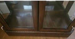Mahogany Glass Curio Cabinet. Brass Handles, Interior Lighting.