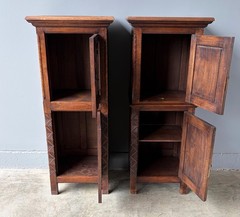50″ Tall Pair of Vintage French Solid Oak Wood Highly Carved Gothic Cabinets