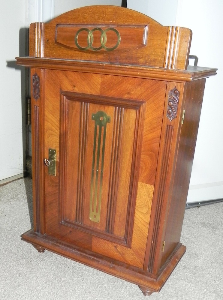 ANTIQUE ART NOUVEAU FRUITWOOD & BRASS WALL CABINET.