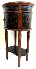 Italian Style Raised Faux Leather Walnut Oval Cabinet / Side Table