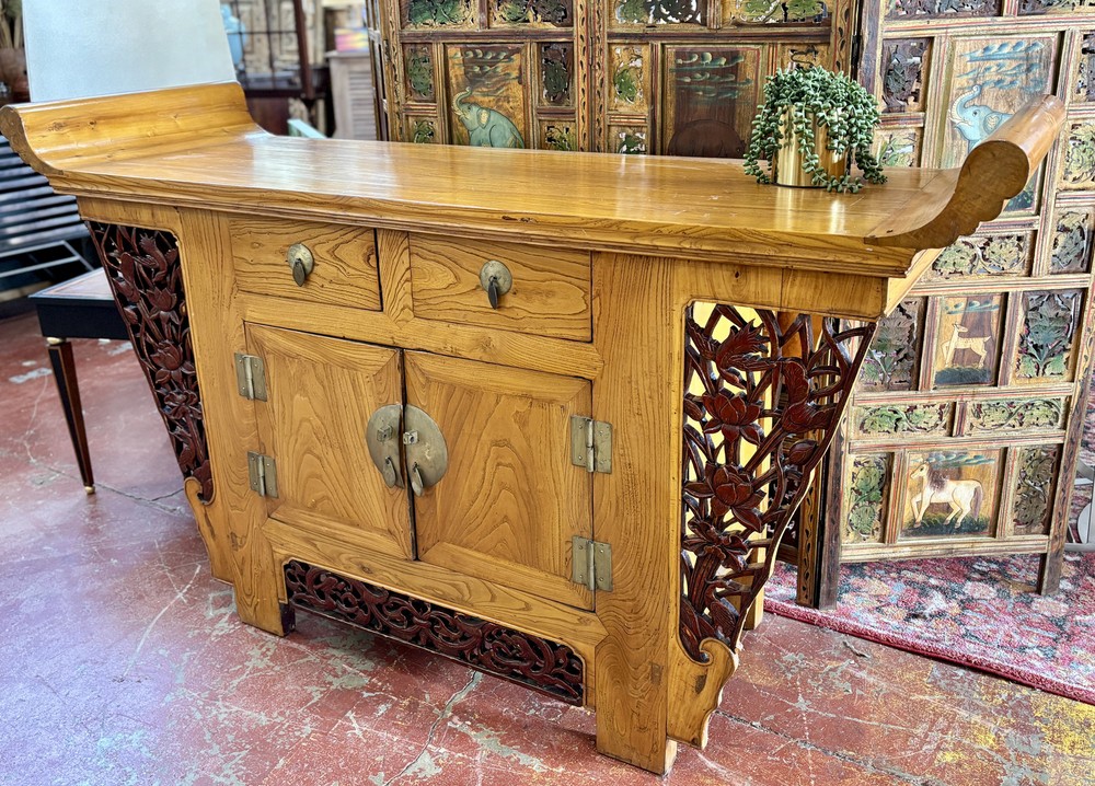 Chinese Altar Styled Sideboard, Cabinet Or Dry Bar, 71.5″ Wide x 36.75″ Tall