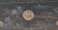 Scarce Vintage Chinese Black Lacquered Painted 2 Door Cabinet 20″x 12″X 11″