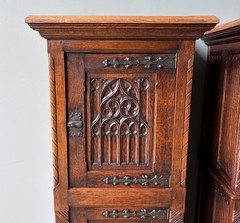 50″ Tall Pair of Vintage French Solid Oak Wood Highly Carved Gothic Cabinets