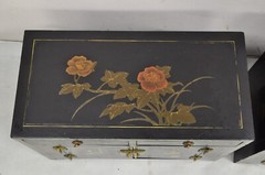 Vintage Chinese Oriental Small Asian Black Lacquer Painted Cabinets – a Pair