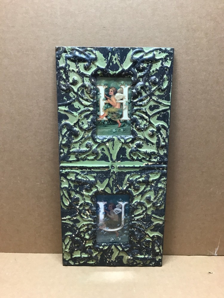 VTG 11×23 Double 4×6 Tin Ceiling Metal Green Photo Picture Frame Old 660-26B