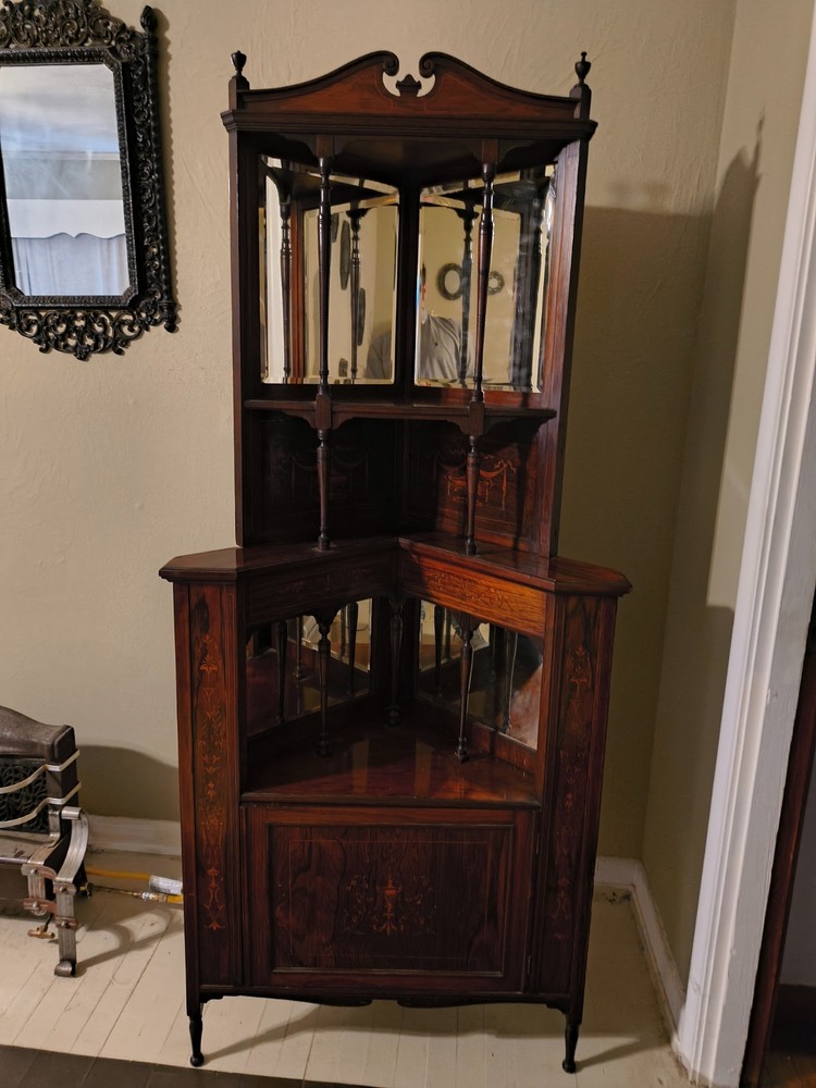Vintage English Edwardian Style Mahogany Inlaid Corner Cabinet