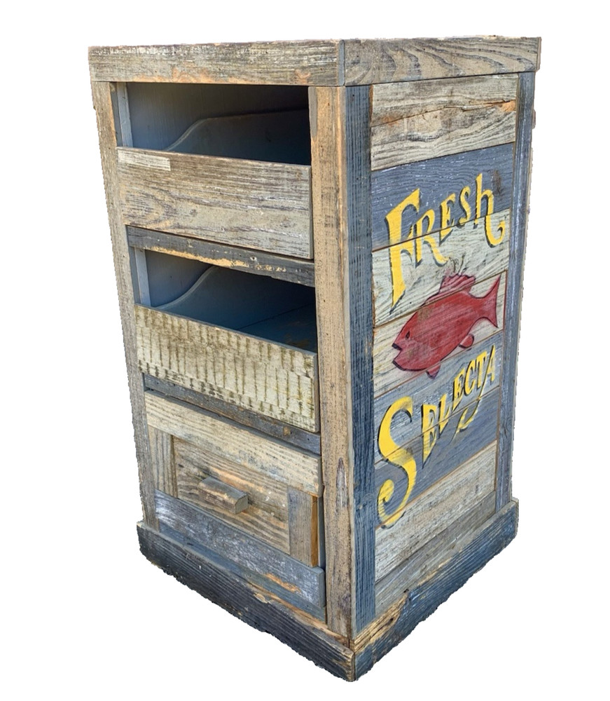 Vtg Heavy Duty Storage Cabinet Handmade Wood Chest Drawers Painted Fish Coastal