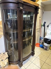 Antique American Empire Victorian Oak Wood Bowed Glass China Cabinet Curio