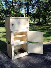 Tall Pine Three-Door Ice Box, Pantry. Old Mustard White Paint