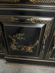 Vintage Chinoiserie Black Lacquer Breakfront Display Cabinet