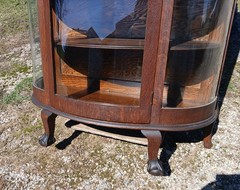 Antique Quartersawn Oak Leaded Curved Glass China Cabinet with Claw Feet 1920s