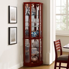 Classic 6 Tier Lighted Corner Curio Display Cabinet with Glass Doors Shelves