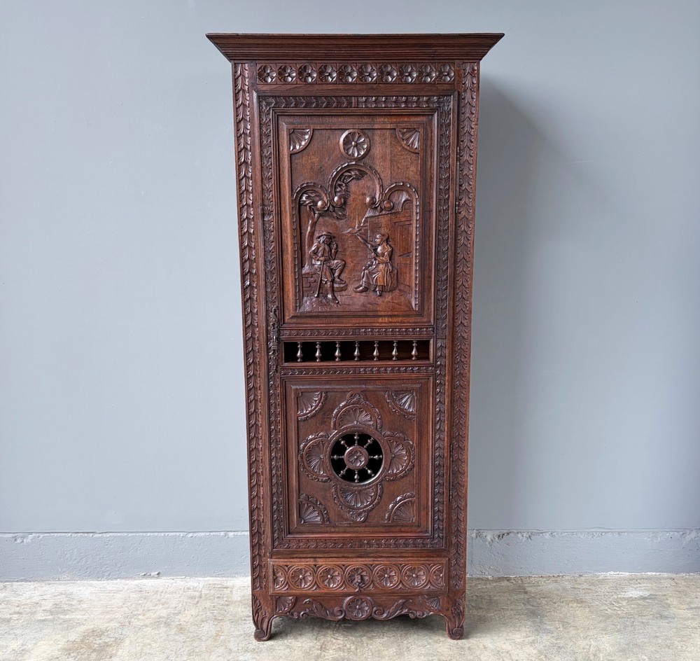 71″ Tall French Antique Breton Cabinet in Solid Chestnut Wood w/Carved Figures