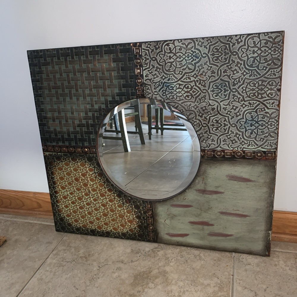 Decorative Vintage Style Tin Ceiling Shabby Metal Beveled Mirror 23” X 20”