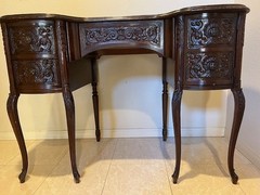 1930’s Kidney-Shaped Writing Desk /Vanity with Carved Details & Matching Chair