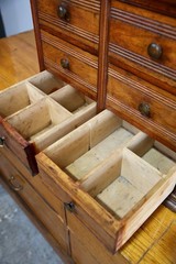 Antique Apothecary Cabinet watchmaker wood drawer brass knob Chest vintage
