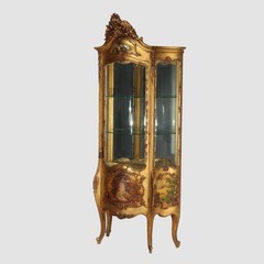 Giltwood Bombay Serpentine Vitrine With Verdis Martin Panels c1890