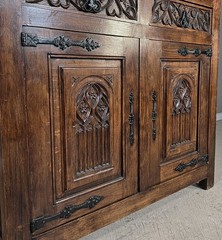 64″ Tall French Antique Gothic Carved Oak Wood Deux Corps Storage Cabinet