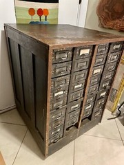 1920’s Yawman & Erbe 36 Drawer Parts Chest, Oak Cabinet, Japanned Metal Drawers