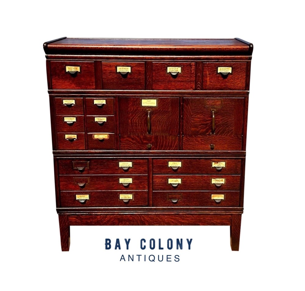 ANTIQUE ARTS & CRAFTS TIGER OAK STACKING FILE CABINET – INDEX & DOCUMENT DRAWERS
