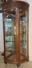 Antique Oak Corner Curio China Cabinet Beveled Glass Carved 80.75″ with Casters