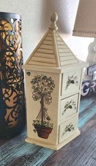 Vtg Wooden Trinket Jewelry Box Cabinet Tole Painted Topiary Cottagecore