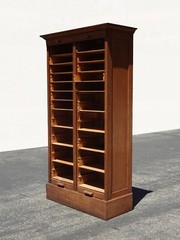 Antique 70″ Tall Double Oak Tambour Doors File Cabinet w 21 Drawers & Keys