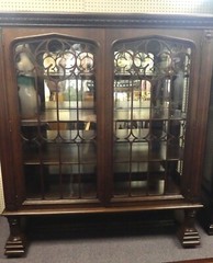 Antique Oak Continental Style Curio Cabinet. Glass Doors w/Wood Quatrefoils 65″H