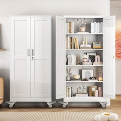 White 71 Inch Wheeled Storage Cabinet With 2 Doors And 4 Adjustable Shelves
