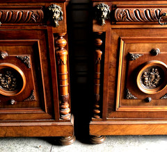 Rare LG Matching Pair Antique French Walnut Hutches Carved Cameos Lions Columns