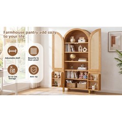 71″ Tall Rattan Cabinet, Arched Doors Adjustable Shelves, Farmhouse Oak