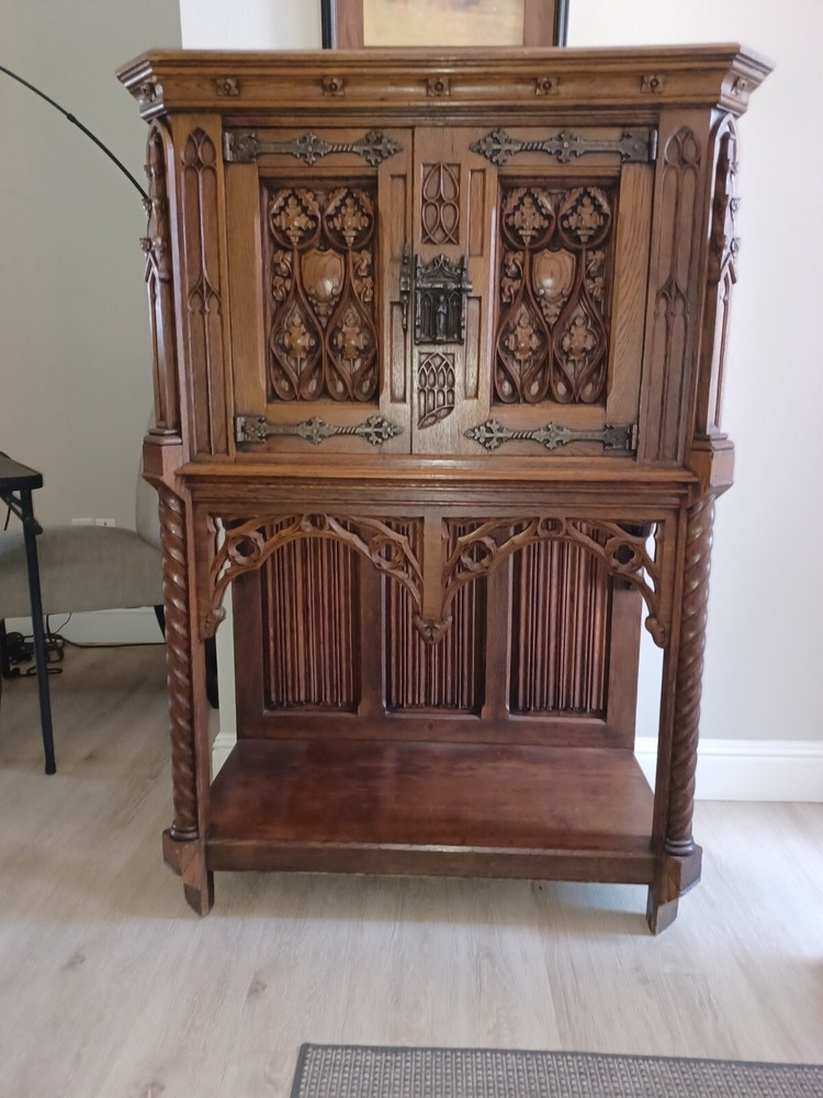 Gothic Revival Cabinet | Hand Painted & Carved| 1880 English Ecclesiastical