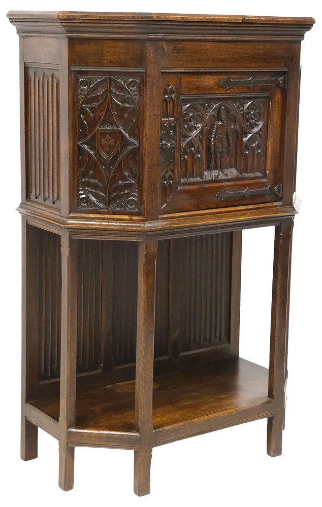 Antique Cupboard, Cabinet, Credence, French Gothic, Revival, Carved Oak, 1800s!