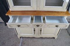 Vintage Country French Provincial Oak Buffet Deux Corps China Display Cabinet
