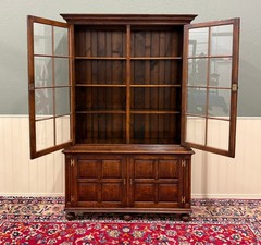 Antique English Large Bookcase Bookshelf Cabinet Double Door Glass Oak c. 1910s