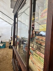 vintage antique oak country store display cabinet 94” L x 25” D x 97” H – 2 door