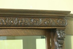 F32950EC: Antique Victorian Oak Lion Carved Bow Front China Cabinet