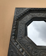 Vintage Tin Ceiling 23″ Sq. Rust Tung Oil Metal 11″ Octagon Mirror Old 1893-23B