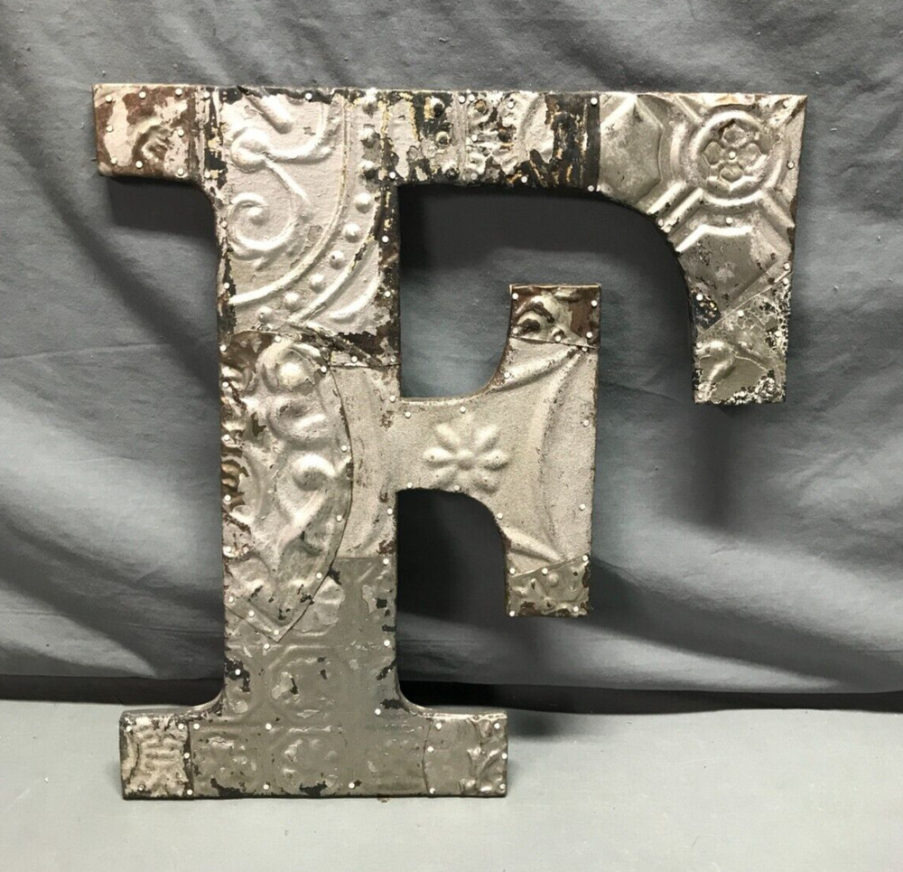 Decorative Salvage Tin Ceiling 16″ Patchwork Silver Metal VTG Letter F 222-25B