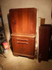 Antique Wood Cabinet, 3 Doors, 2 Drawers, 3 Shelves, Brown, Free Standing