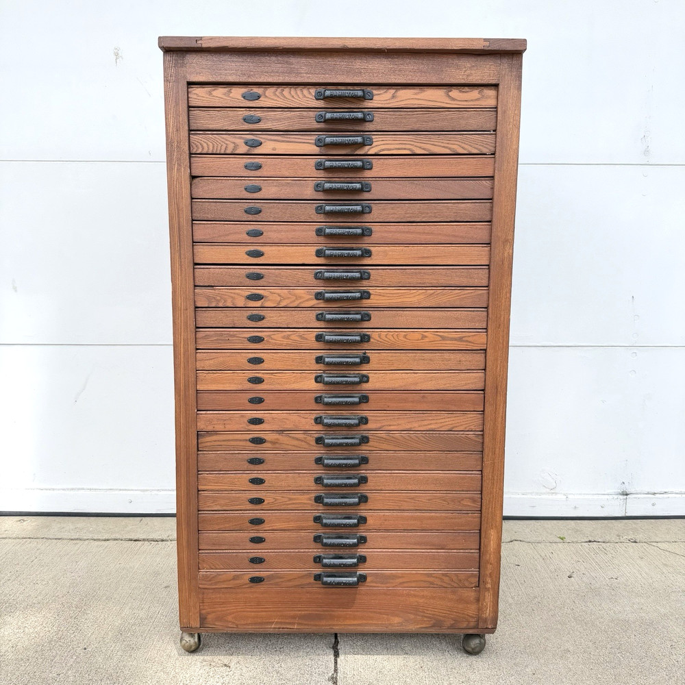 Antique Oak Hamilton Printers Architect Flat File Map Cabinet w/ 24 Drawers