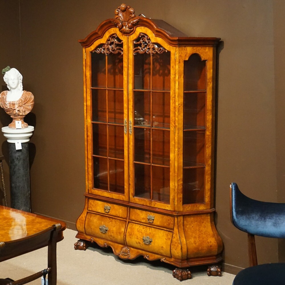 Bombe China display Cabinet traditional mahogany and burl with LED lights